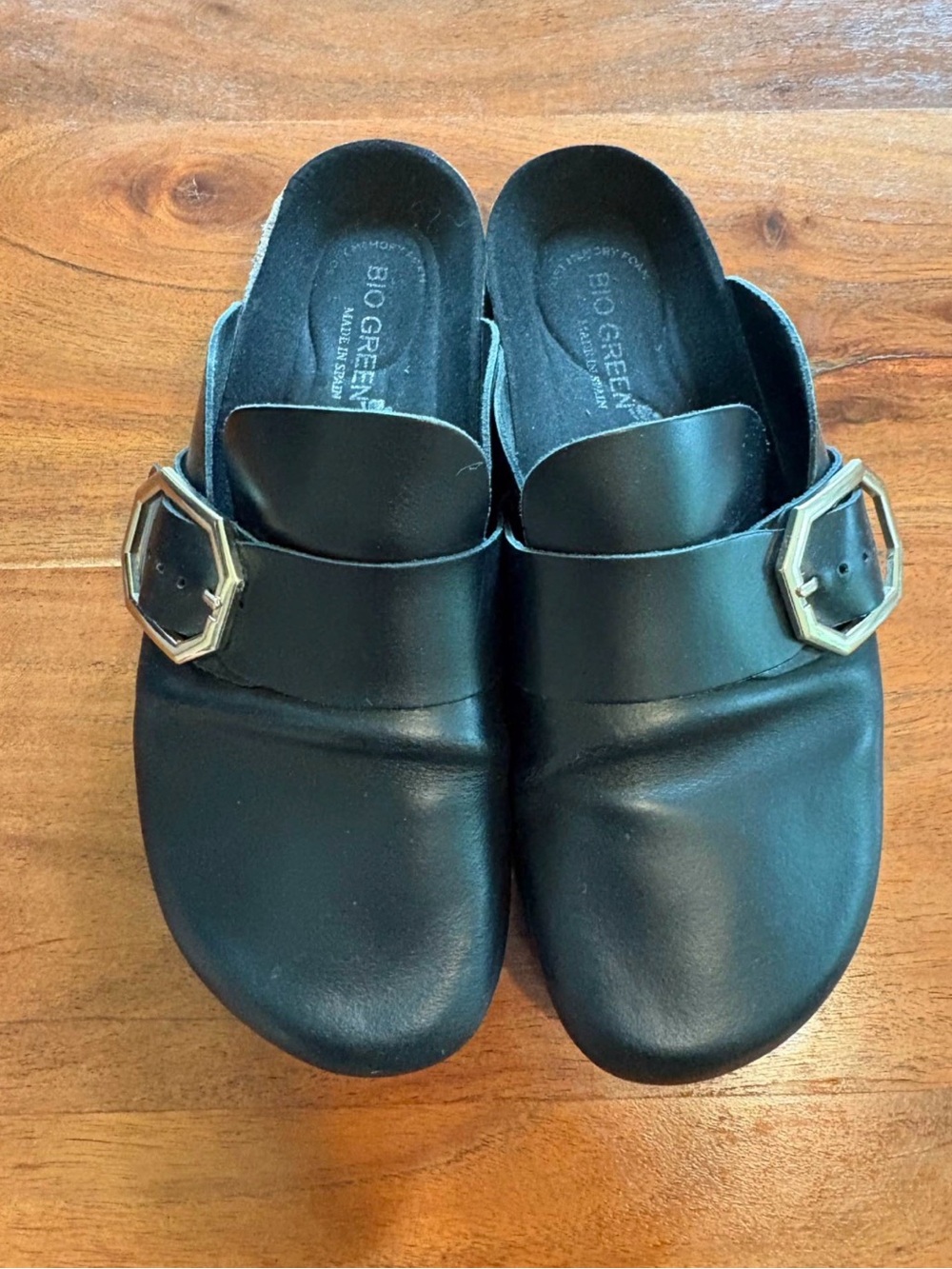 Black Leather Slip-On Mule with Buckle